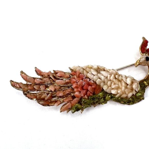 Vintage Estate Find Unique Gold Tone Metal & Stone Peacock Bird Brooch Pin - Picture 3 of 5